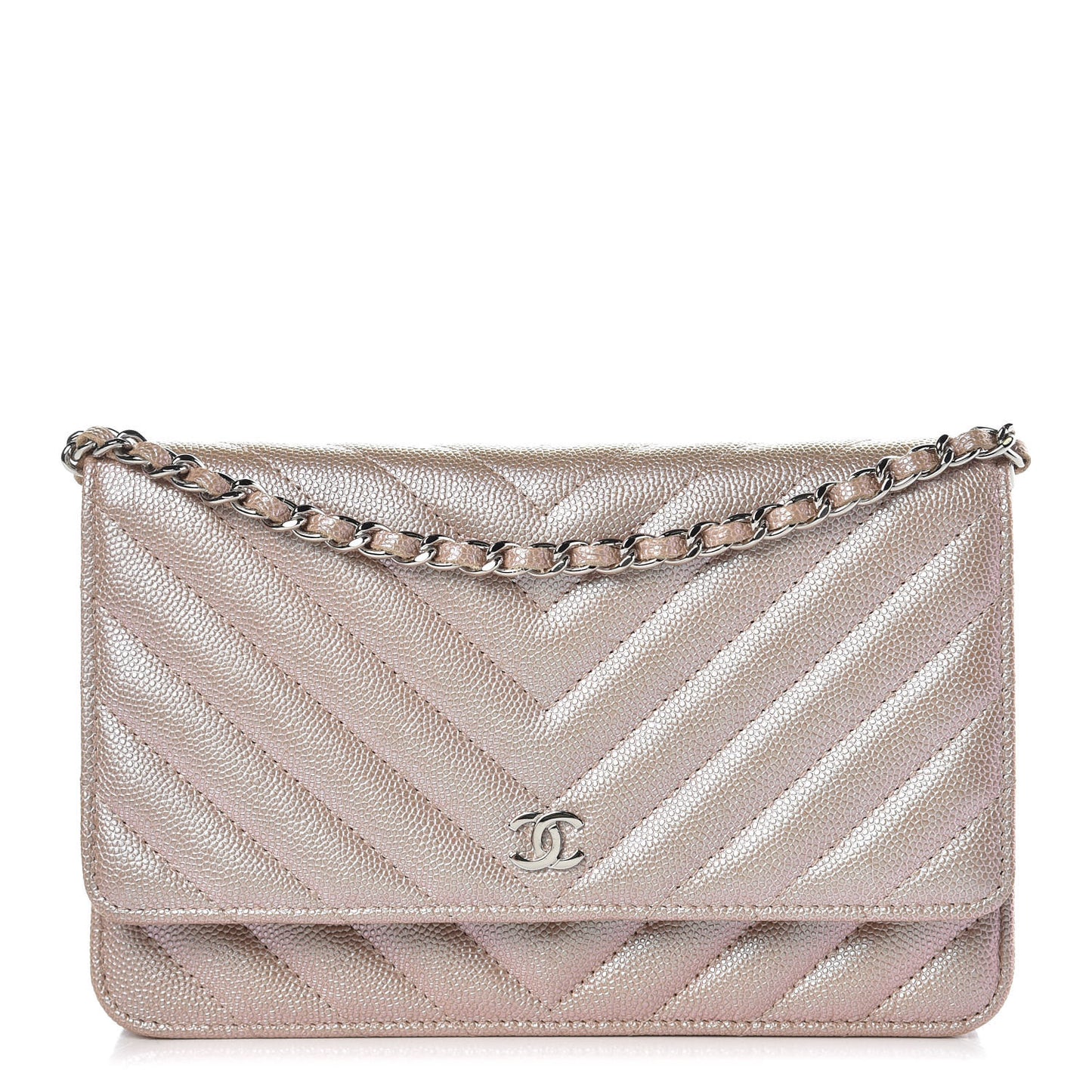 Metallic Caviar Chevron Quilted Wallet On Chain WOC Light Gold