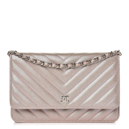 Chanel Metallic Caviar Chevron Quilted Wallet On Chain WOC Light Gold 1 of 11