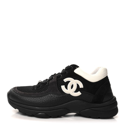 Chanel Mesh Suede Grained Calfskin Womens CC Sneakers 35 Black White 1 of 11