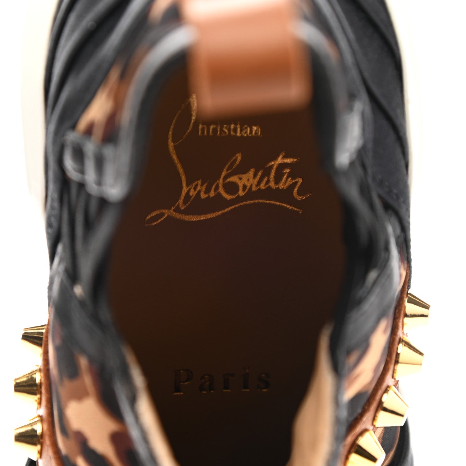 Christian Louboutin Calfskin Neoprene Leopard Studded Donna Flat Sneakers 35.5 Black Marron 7 of 10