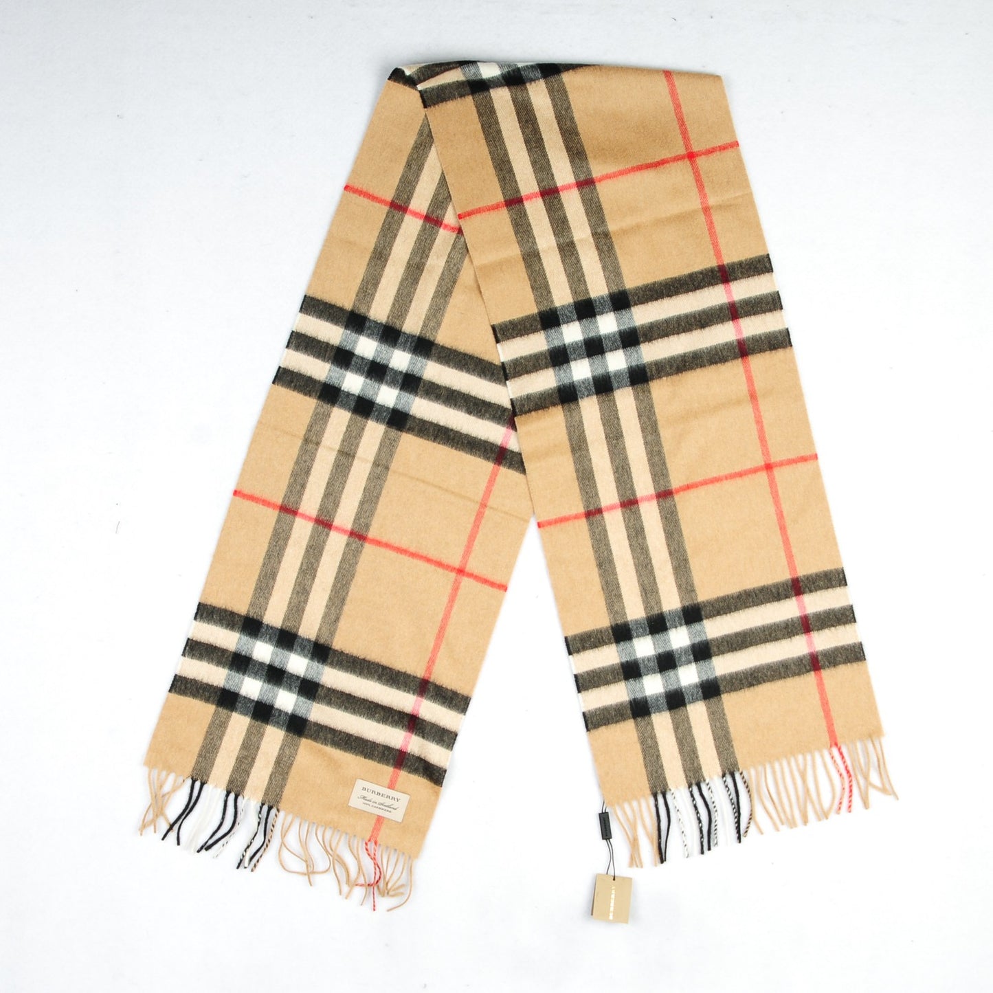 Cashmere Giant Check Fringe Scarf Camel