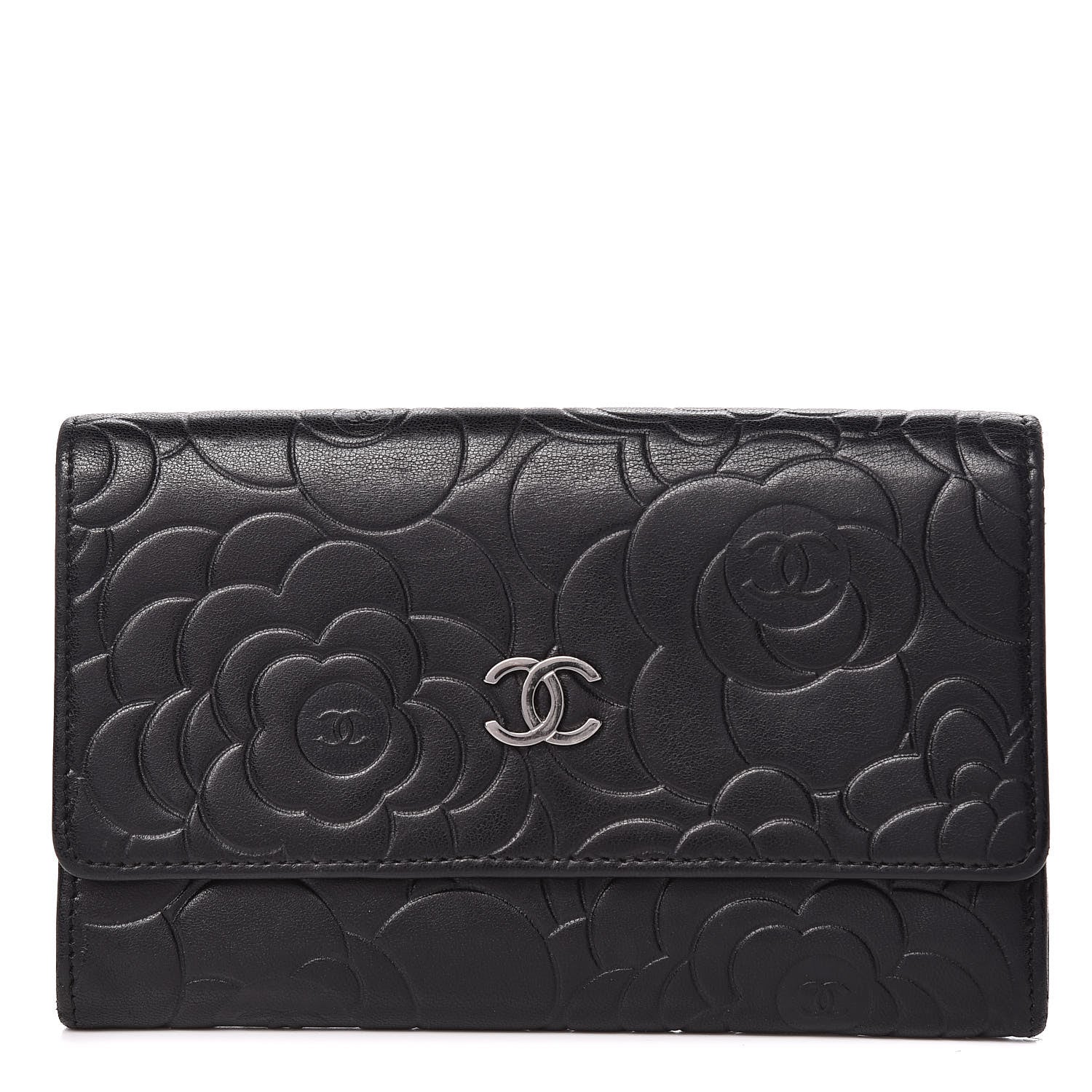 Chanel Lambskin Camellia Embossed Medium Wallet Black 1 of 8