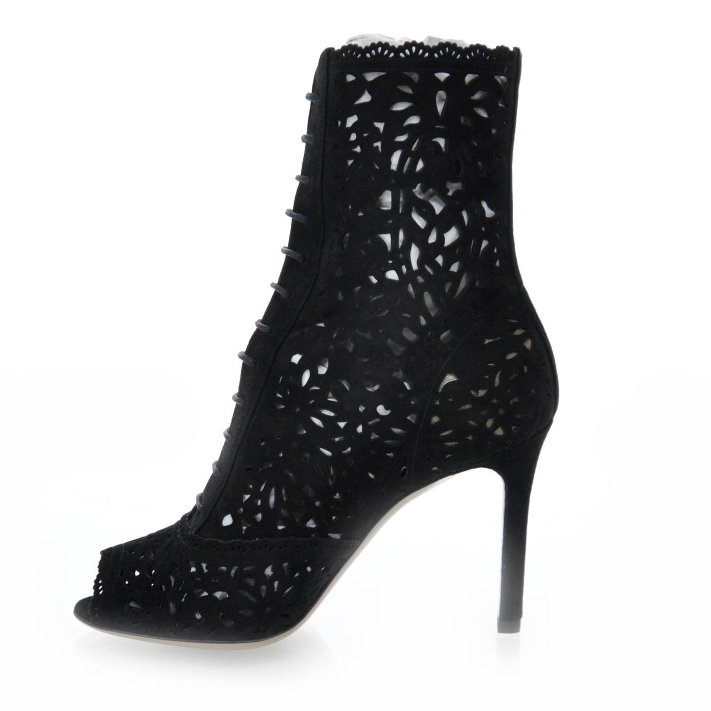 Suede Laser Cut Peep Toe Boots 36 Black