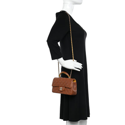 Chanel Lambskin Quilted Bi-Color Mini Top Handle Rectangular Flap Light Brown Yellow 2 of 11