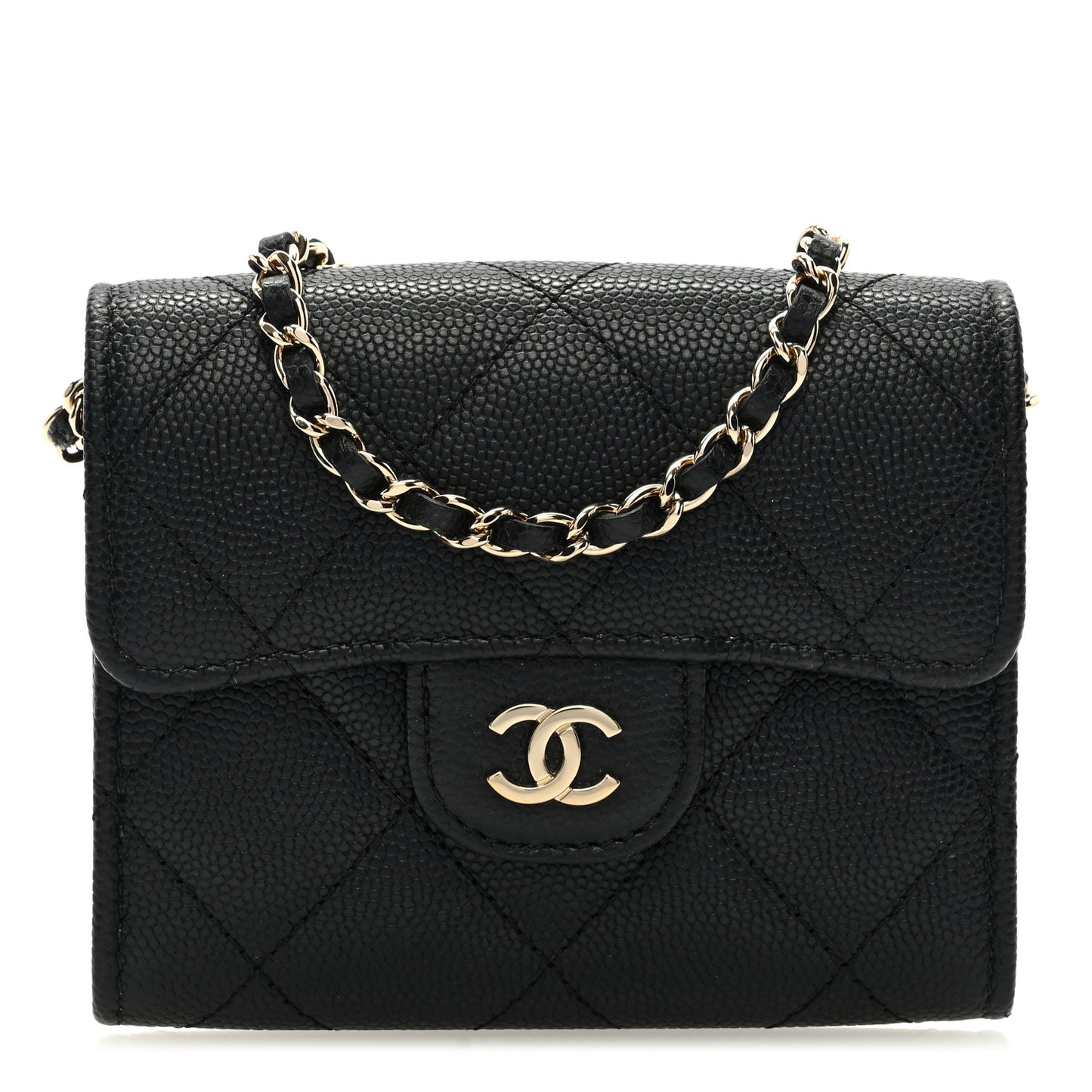 Caviar Quilted Flap Card Holder On Chain Black