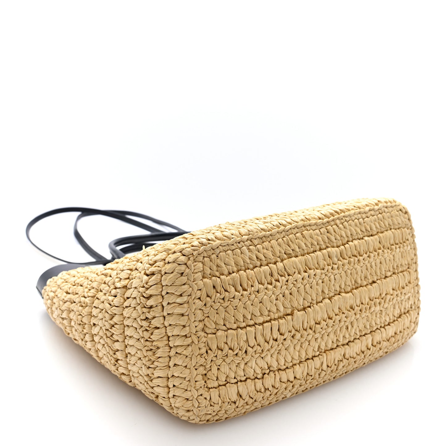 Yarn Raffia Effect Calfskin Crochet Embroidered Medium Logo Tote  Tan Black