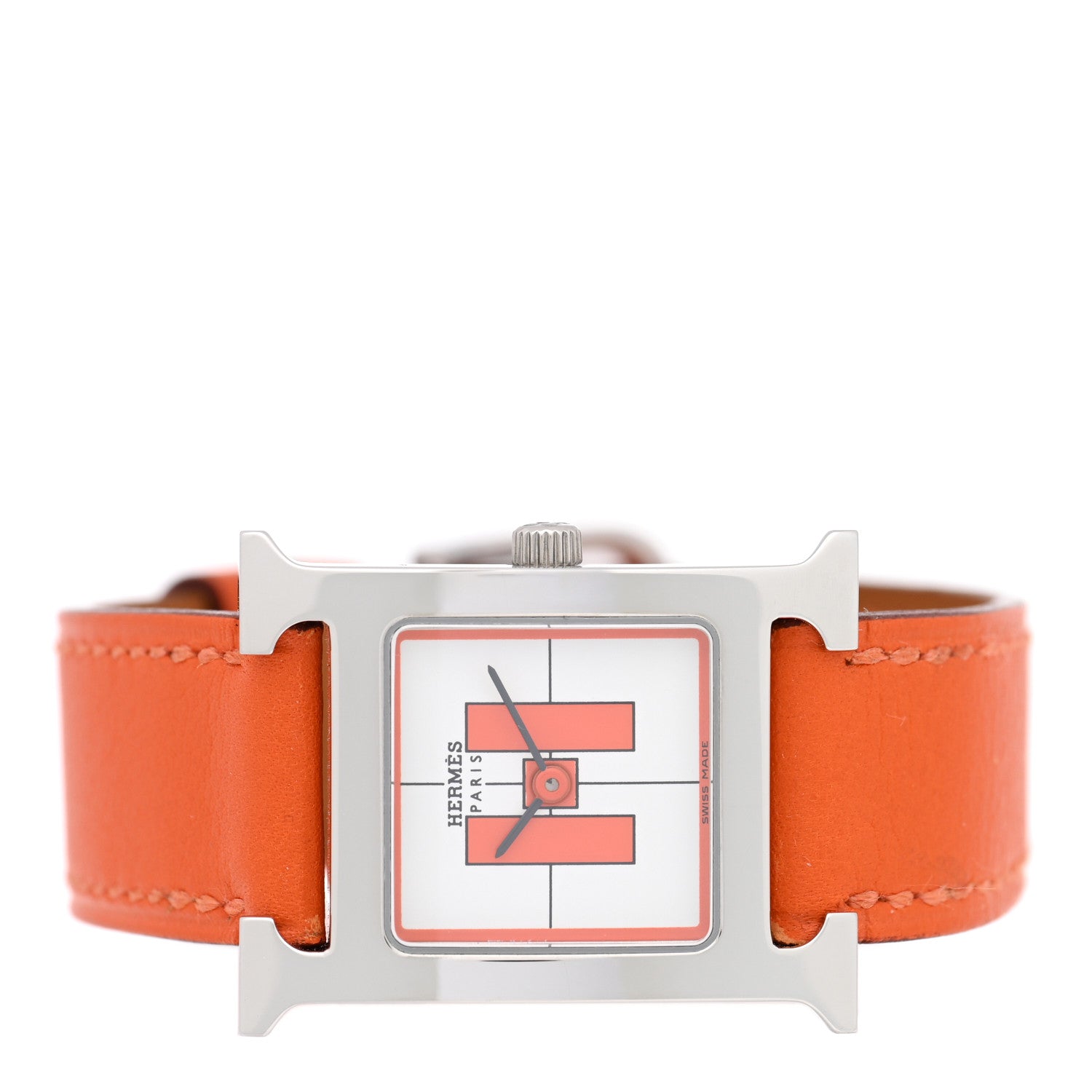 【G4】HERMES オレンジレザー スクエア時計 Hermes Stainless Steel Swift 21mm Heure H Hour Quartz Watch Orange