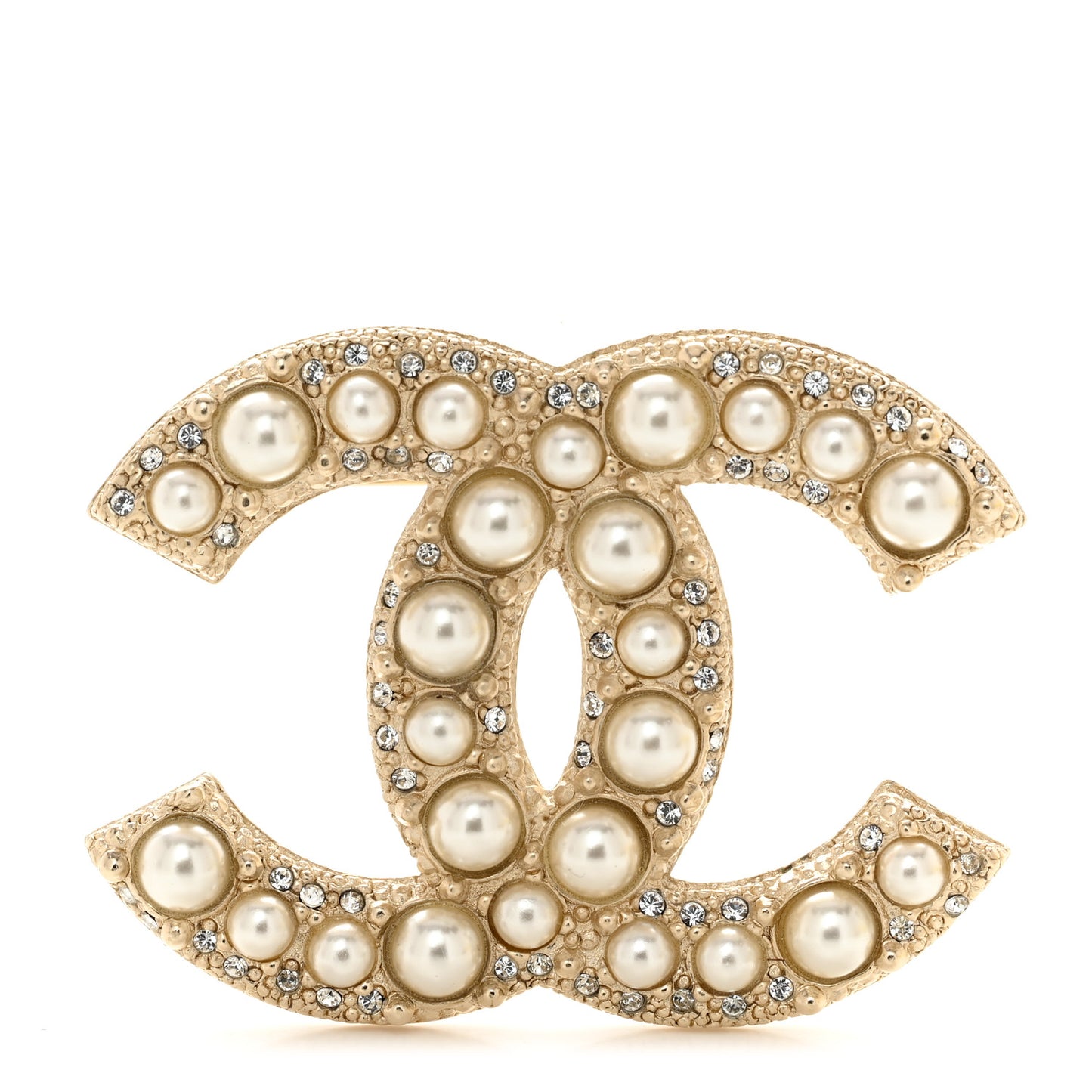 Metal Crystal Graduated Pearl CC Brooch Gold