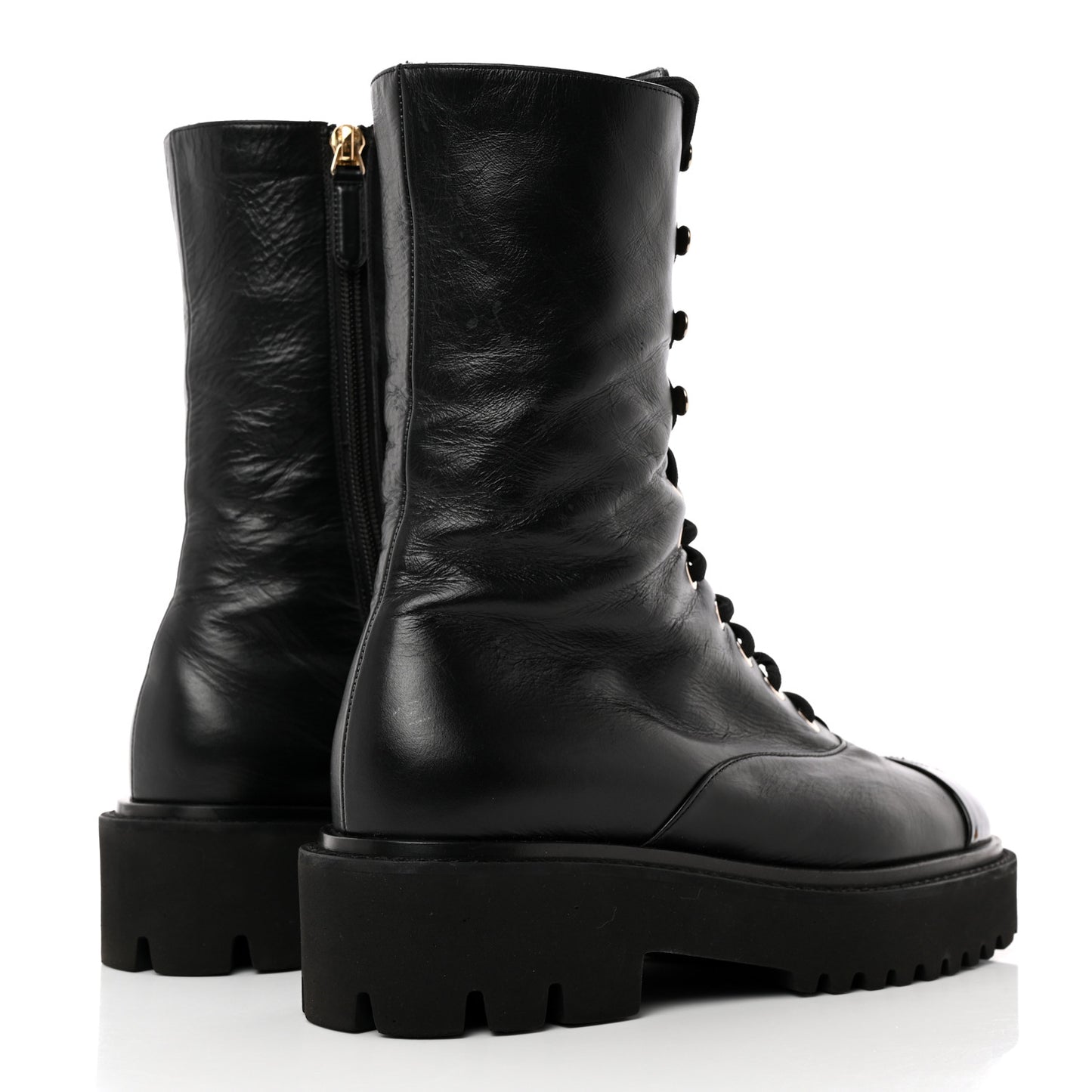 Crumpled Calfskin Patent Cap Toe Lace Up Combat Boots 38.5 Black