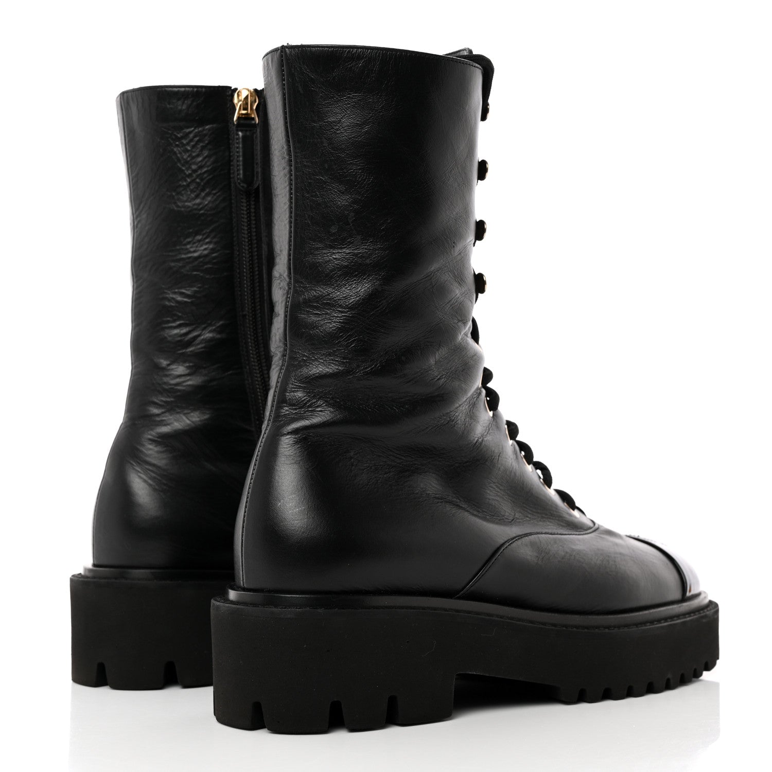 Chanel Crumpled Calfskin Patent Cap Toe Lace Up Combat Boots 38.5 Black 4 of 10