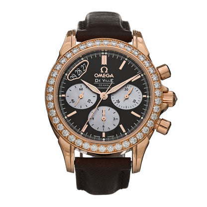 Omega 18K Rose Gold Alligator Diamond Mother of Pearl 35mm De Ville Co-Axial Chronograph Automatic Watch Brown 4677.60.37 1 of 5