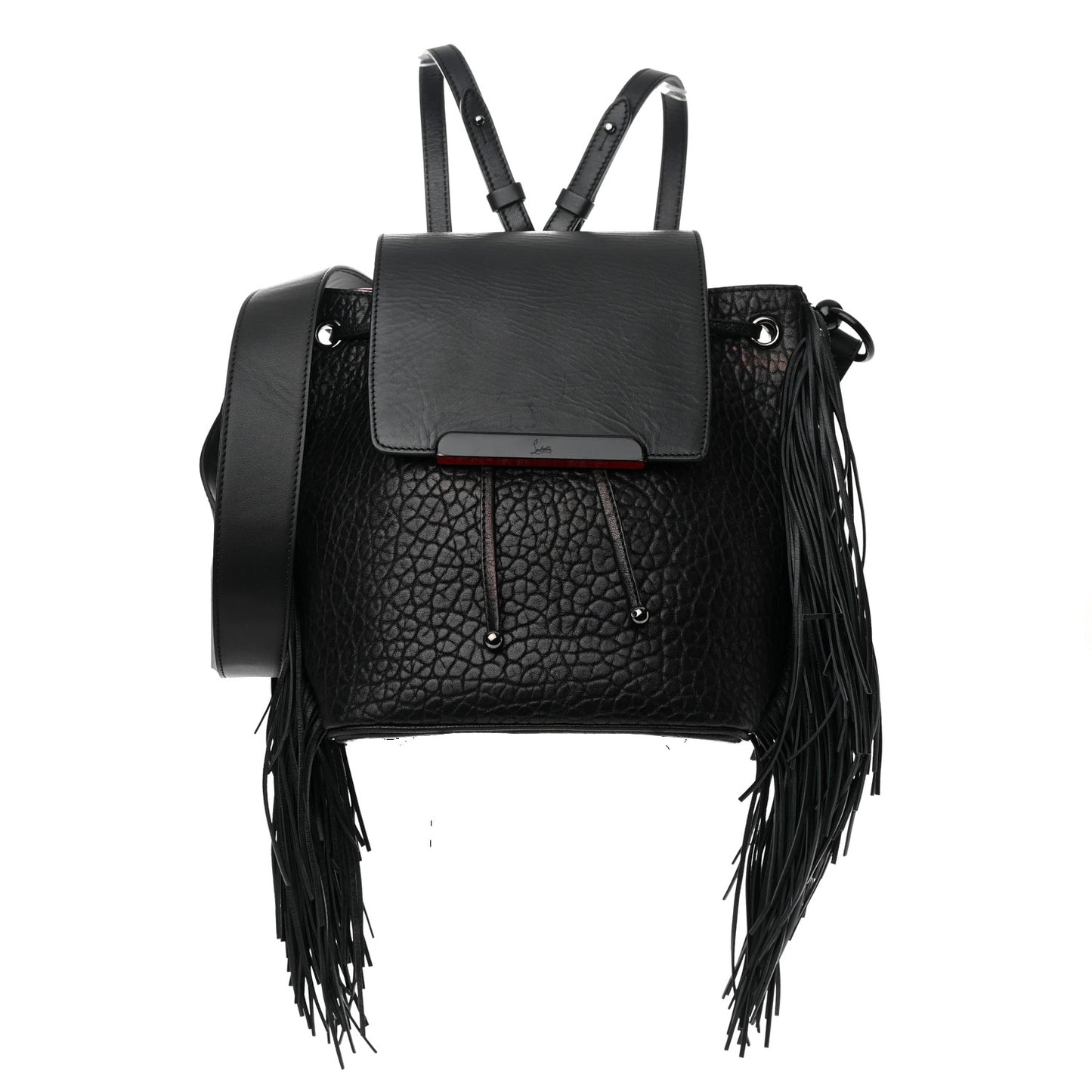Pebbled Calfskin Fringe Lucky L Convertible Backpack Black
