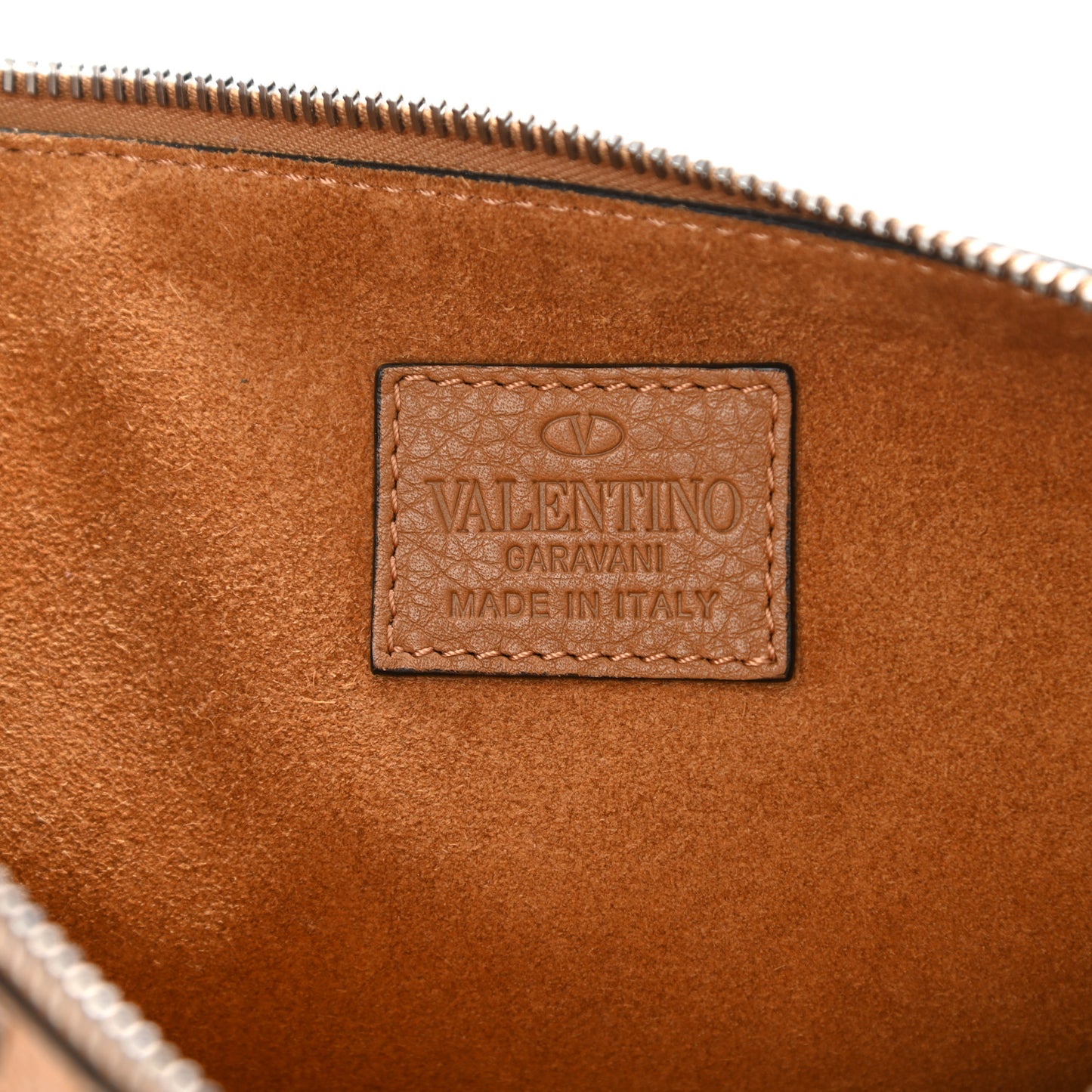 Pebbled Calfskin Large Rockstud Zip Pouch Camel