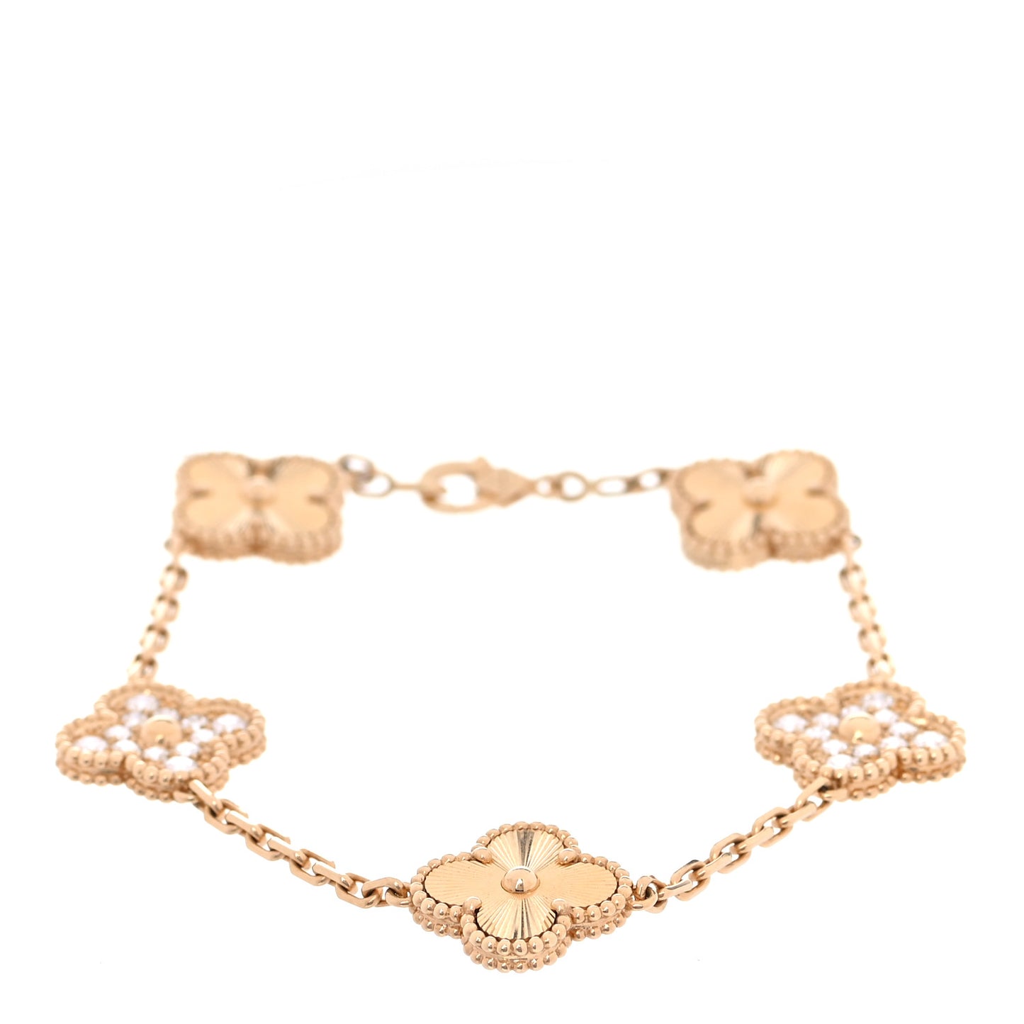 18K Yellow Gold Diamond 5 Motifs Guilloche Vintage Alhambra Bracelet