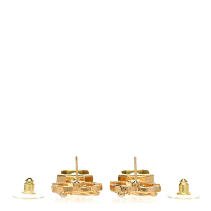 Chanel Crystal Pearl Glitter CC Drop Earrings Gold Green 3 of 5