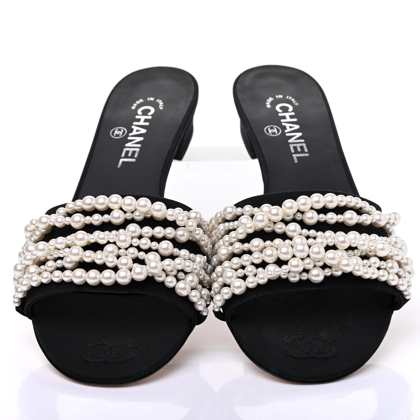 Satin Pearl Flat Sandals 40 Black