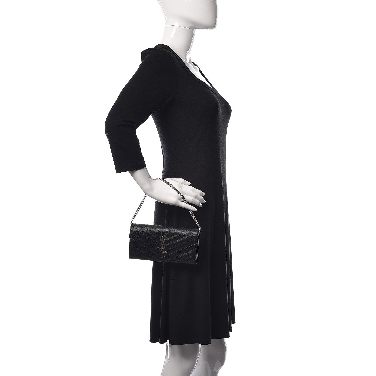 Saint Laurent Grain De Poudre Matelasse Chevron Small Monogram Chain Wallet Black 2 of 10