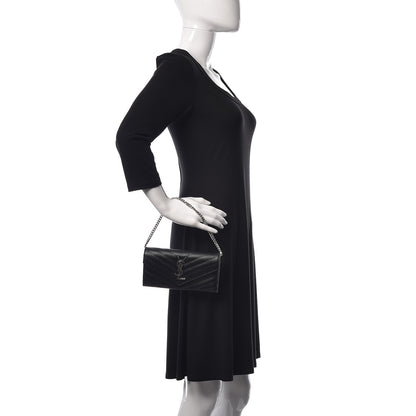 Saint Laurent Grain De Poudre Matelasse Chevron Small Monogram Chain Wallet Black 2 of 10