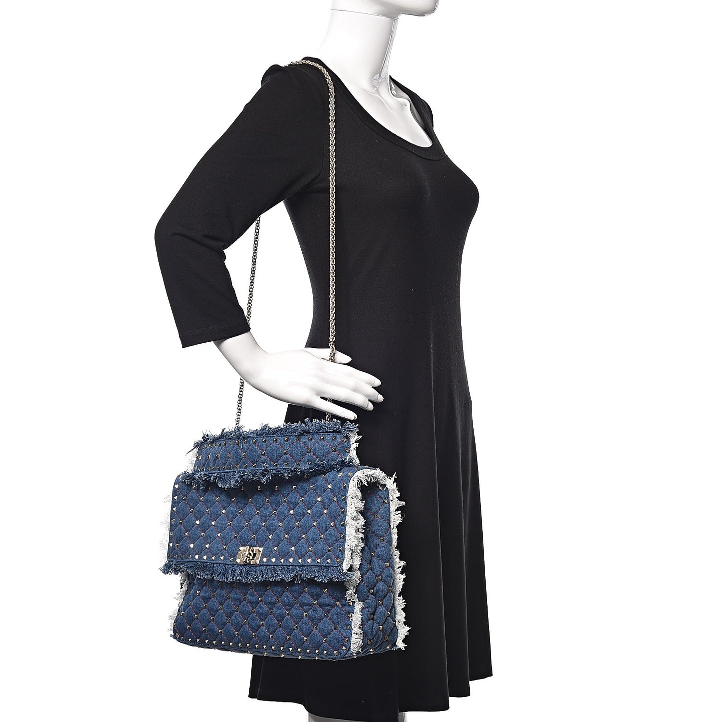 Denim Fringe Maxi Rockstud Spike Shoulder Bag Blue
