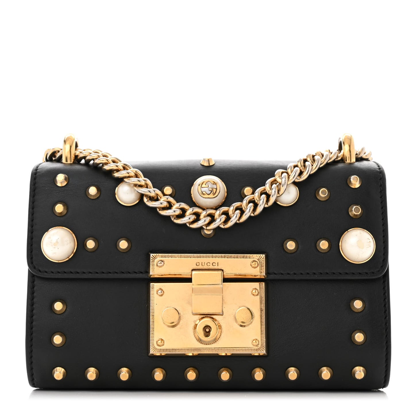 Calfskin Studded Small Padlock Shoulder Bag Black