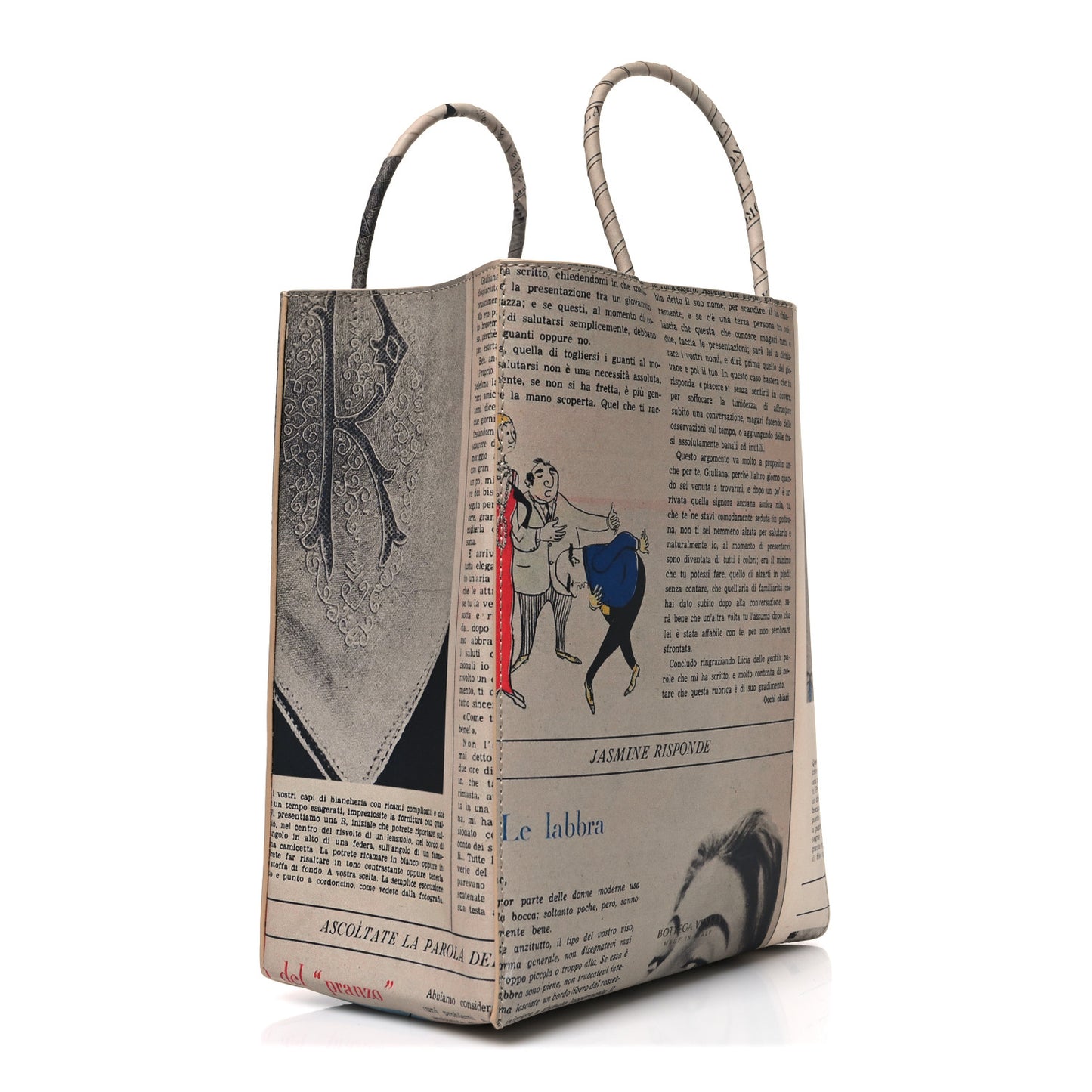 Newspaper Print Small Shopper Tote Beige Multicolor