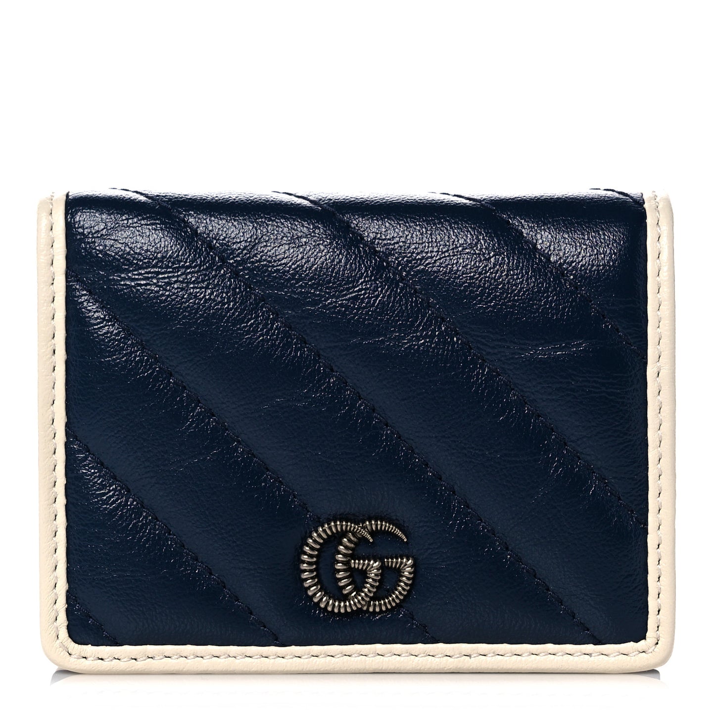 Vintage Effect Calfskin Matelasse Diagonal Torchon GG Marmont Card Case Wallet Blue Agata Mystic White
