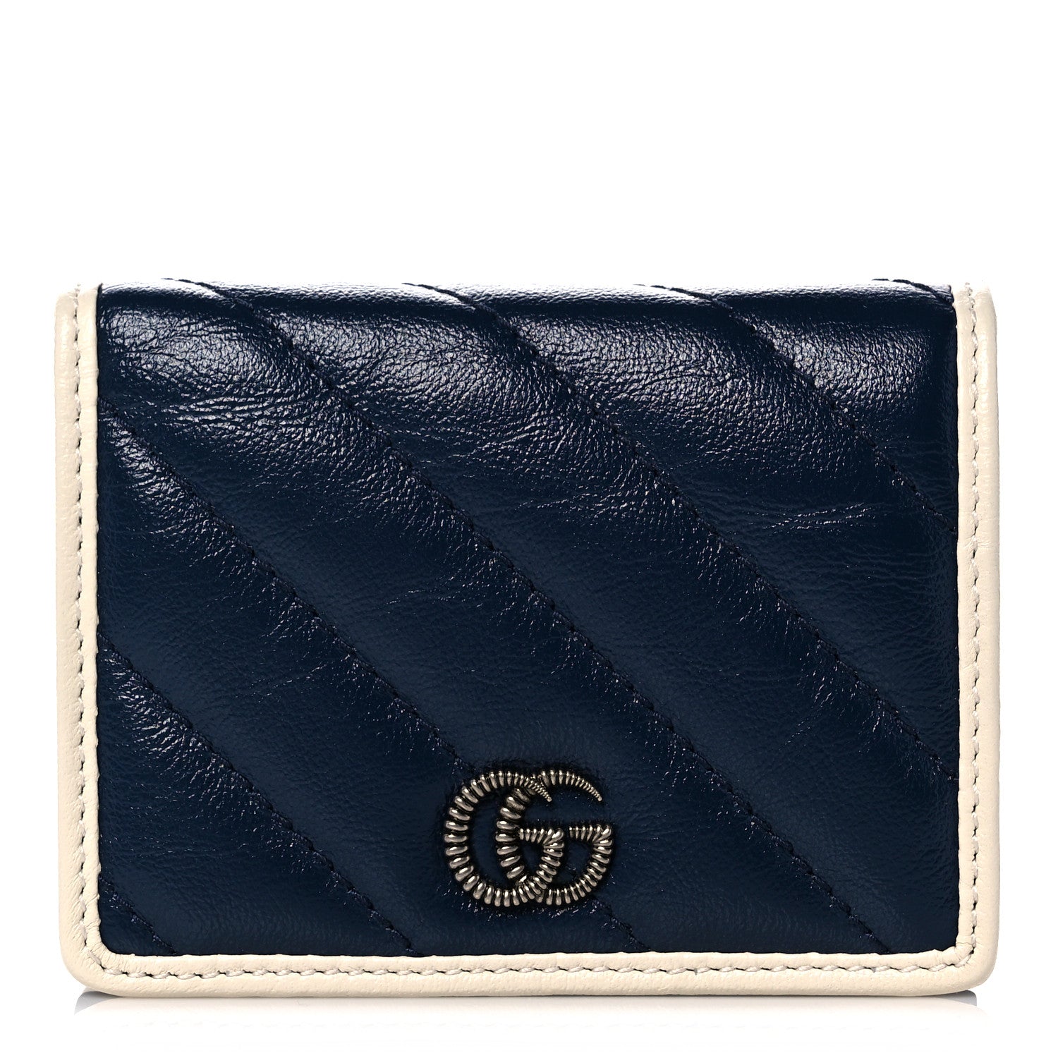 Gucci Vintage Effect Calfskin Matelasse Diagonal Torchon GG Marmont Card Case Wallet Blue Agata Mystic White 1 of 8