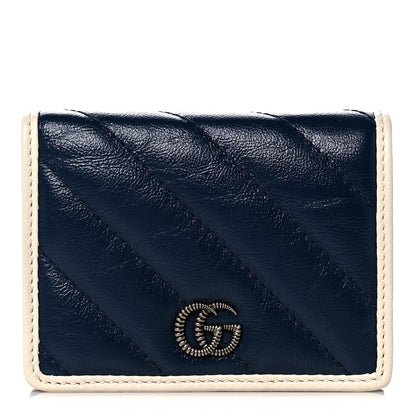 Gucci Vintage Effect Calfskin Matelasse Diagonal Torchon GG Marmont Card Case Wallet Blue Agata Mystic White 1 of 8