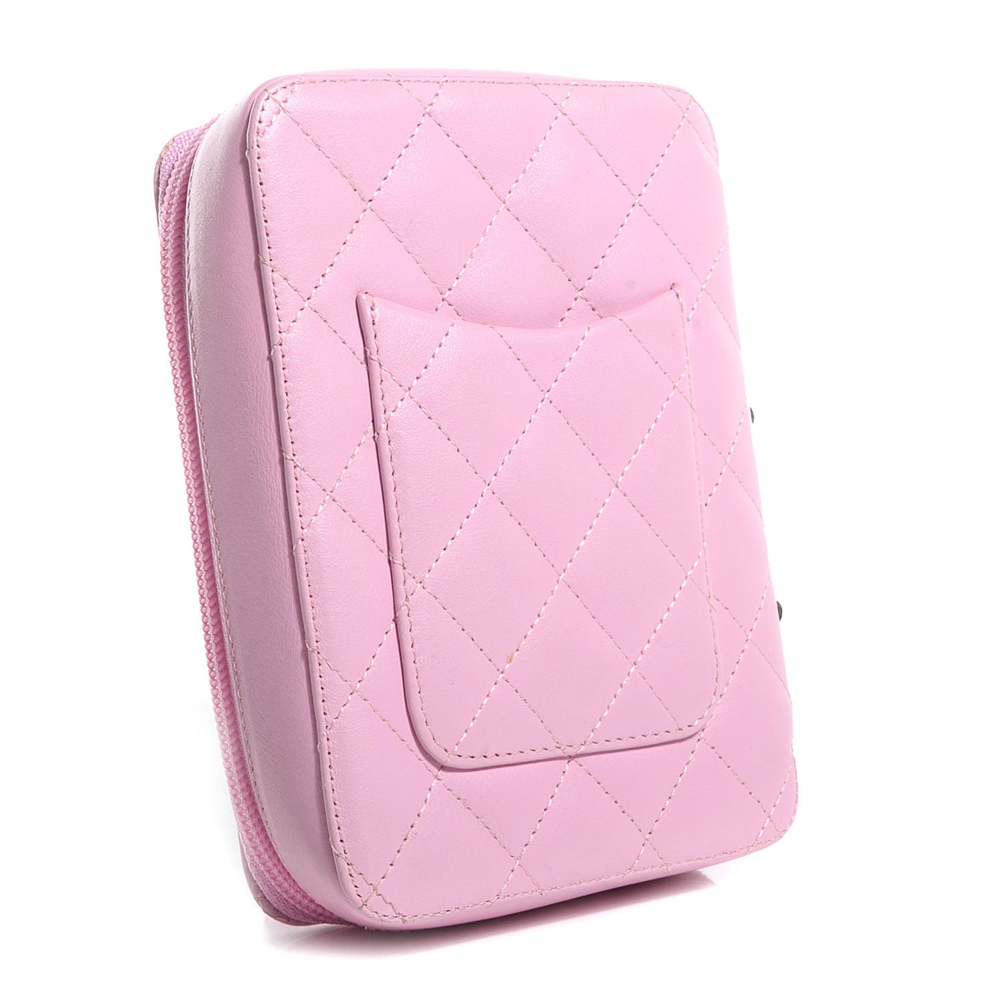 Calfskin Quilted Cambon Zip Around Makeup Pouch Pink Black