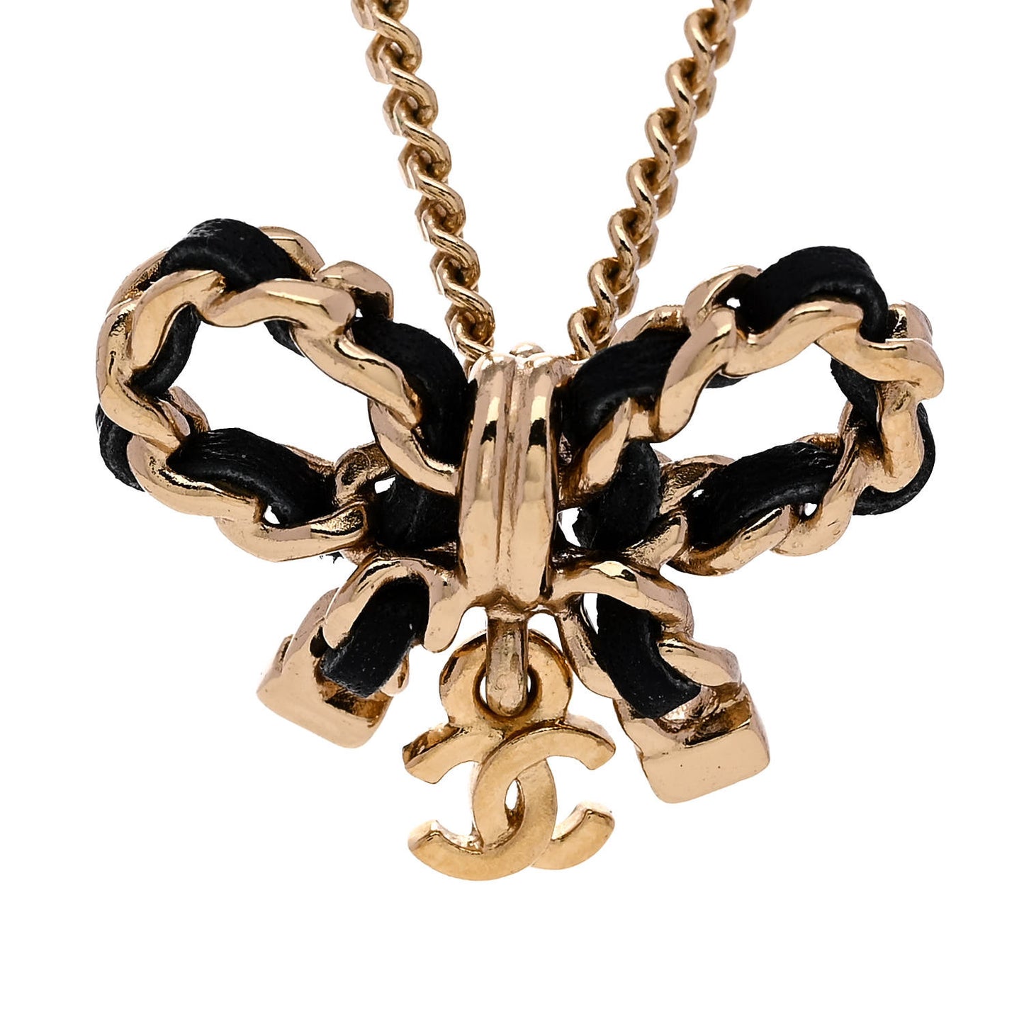 Metal Lambskin Chain CC Bow Necklace Black Gold