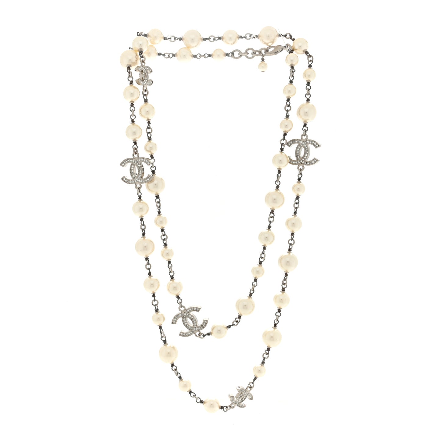 Graduated Pearl Crystal CC Long Necklace Silver
