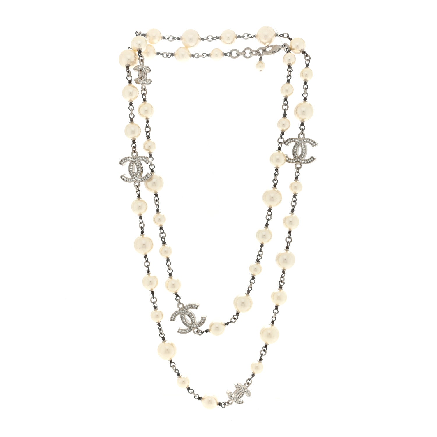 Chanel Graduated Pearl Crystal CC Long Necklace Silver 2 of 4