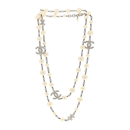 Chanel Graduated Pearl Crystal CC Long Necklace Silver 2 of 4