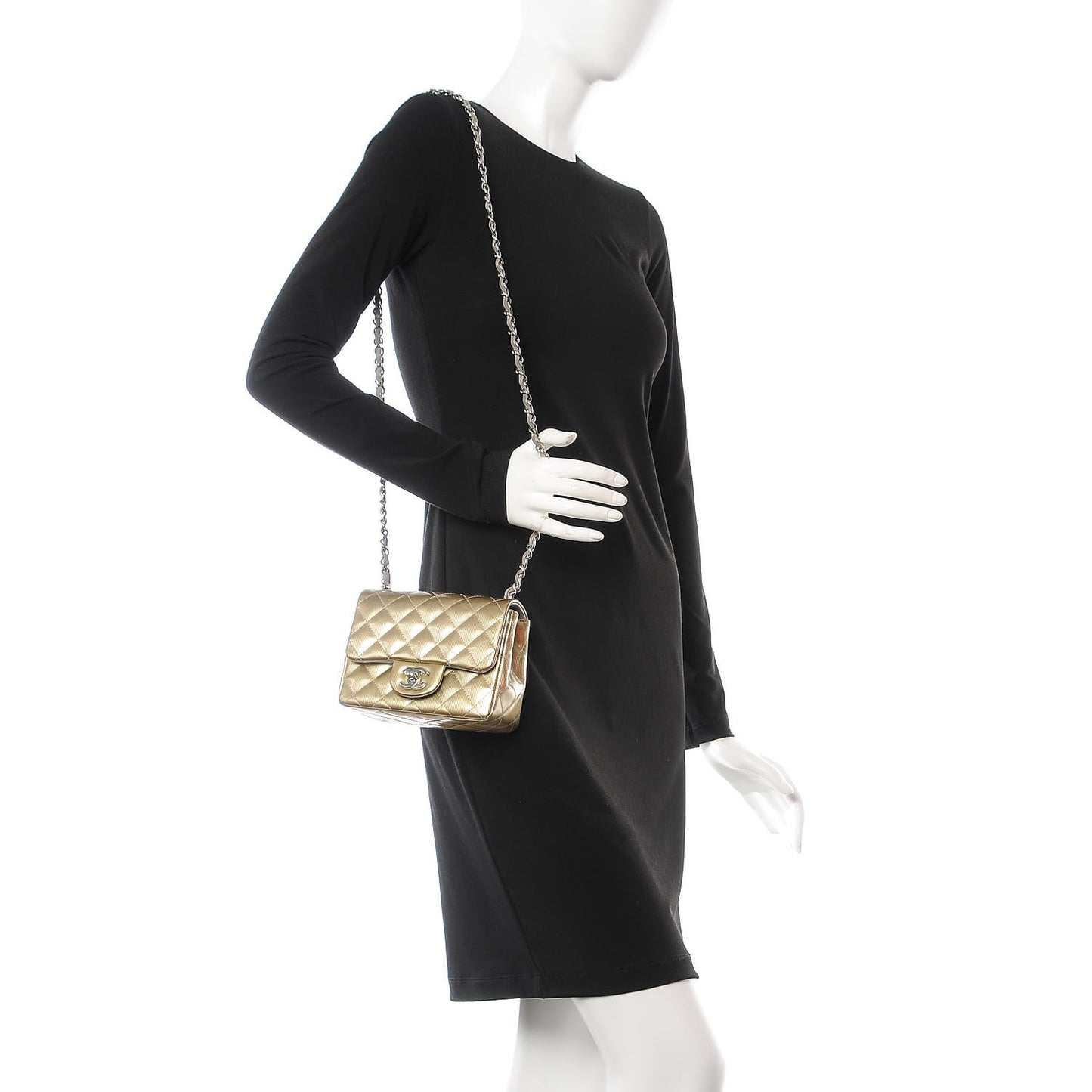 Striated Patent Quilted Mini Square Flap Gold