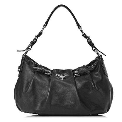 Prada Soft Calfskin Pleated Hobo Black 1 of 16