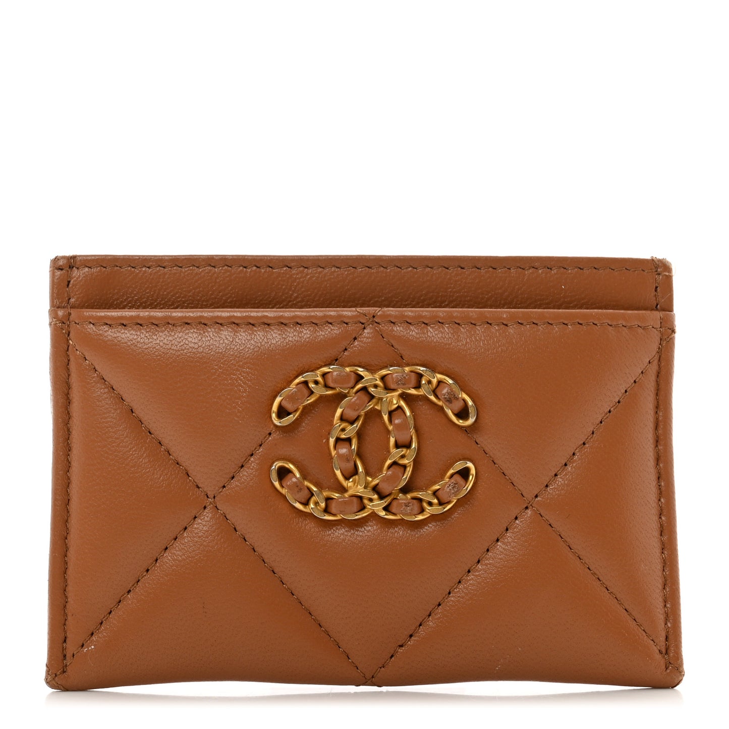 Lambskin Quilted Chanel 19 Card Holder Brown