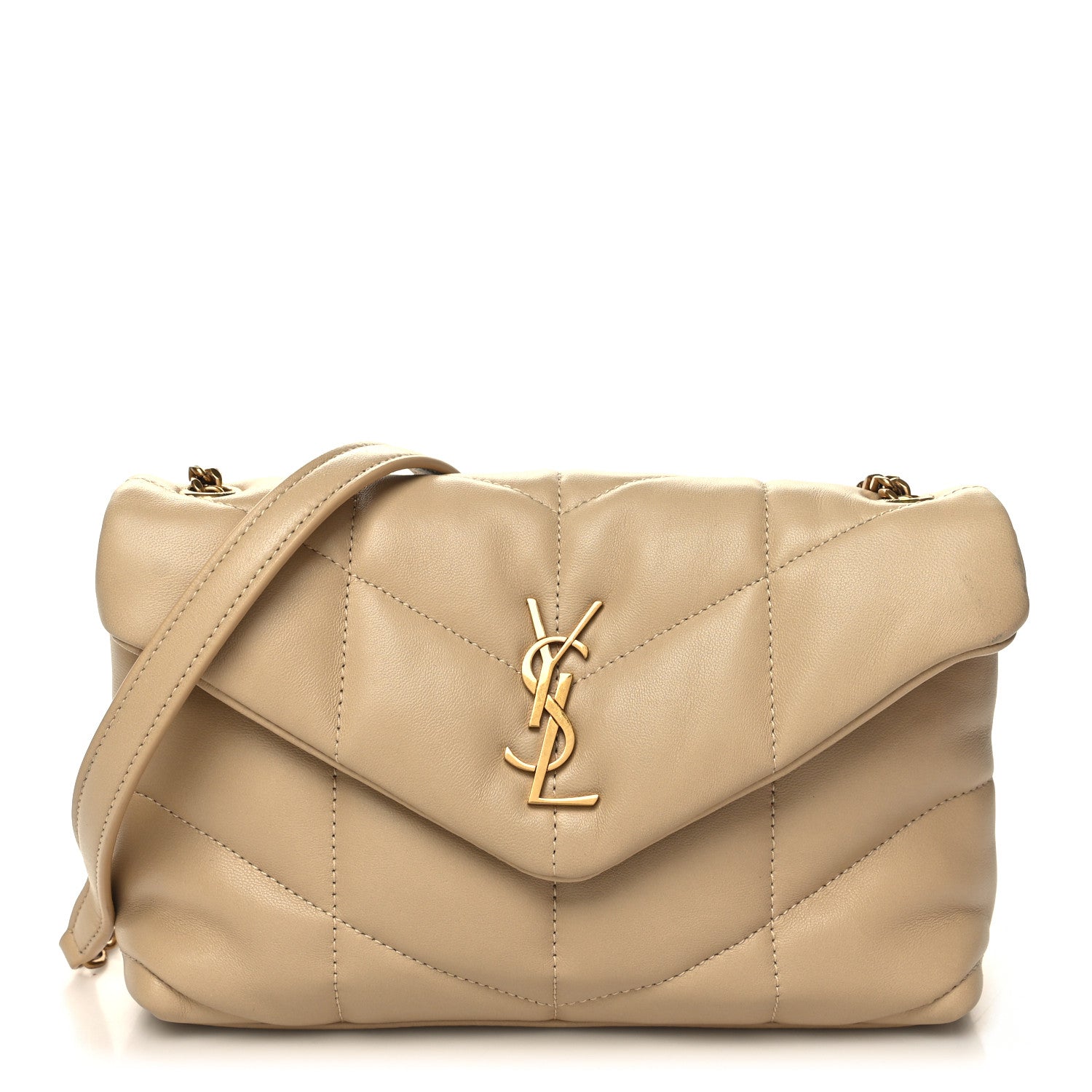 Saint Laurent Lambskin Quilted Toy Loulou Puffer Monogram Chain Satchel Dark Beige 1 of 11