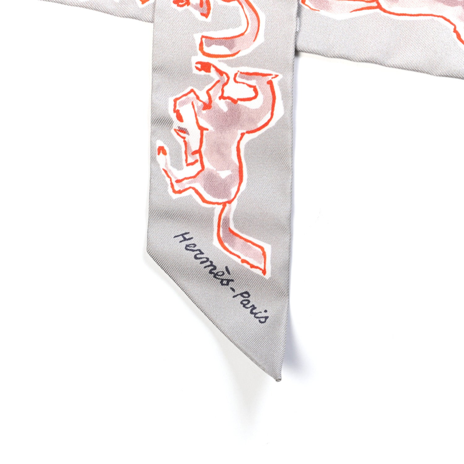 Hermes Silk Chevaux En Liberte Twilly Gris Perle Rouge White 3 of 4