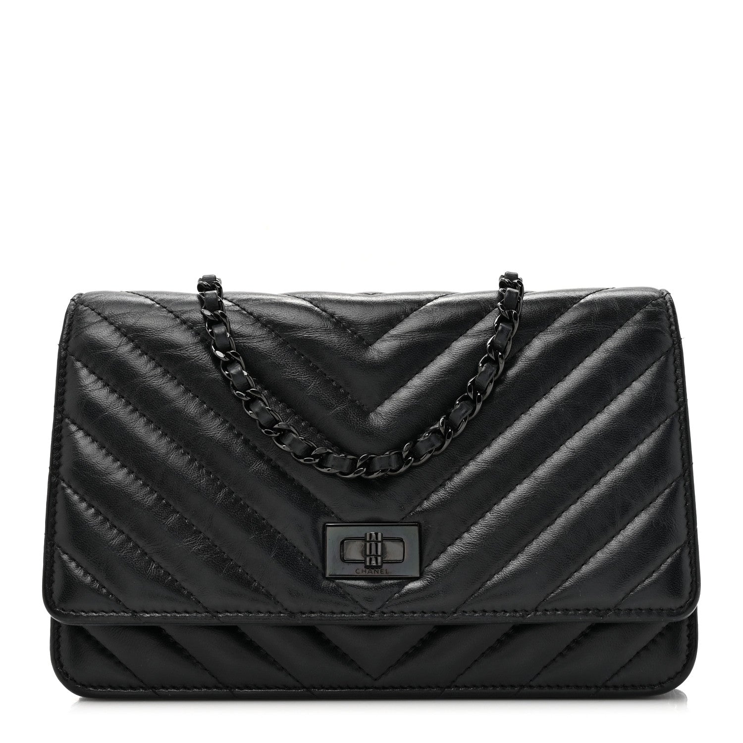 Chanel Aged Calfskin Chevron Quilted Reissue Wallet On Chain WOC So Black 1 of 17