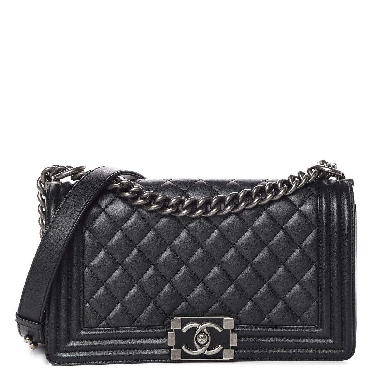 Metallic Calfskin Quilted Medium Boy Flap Black