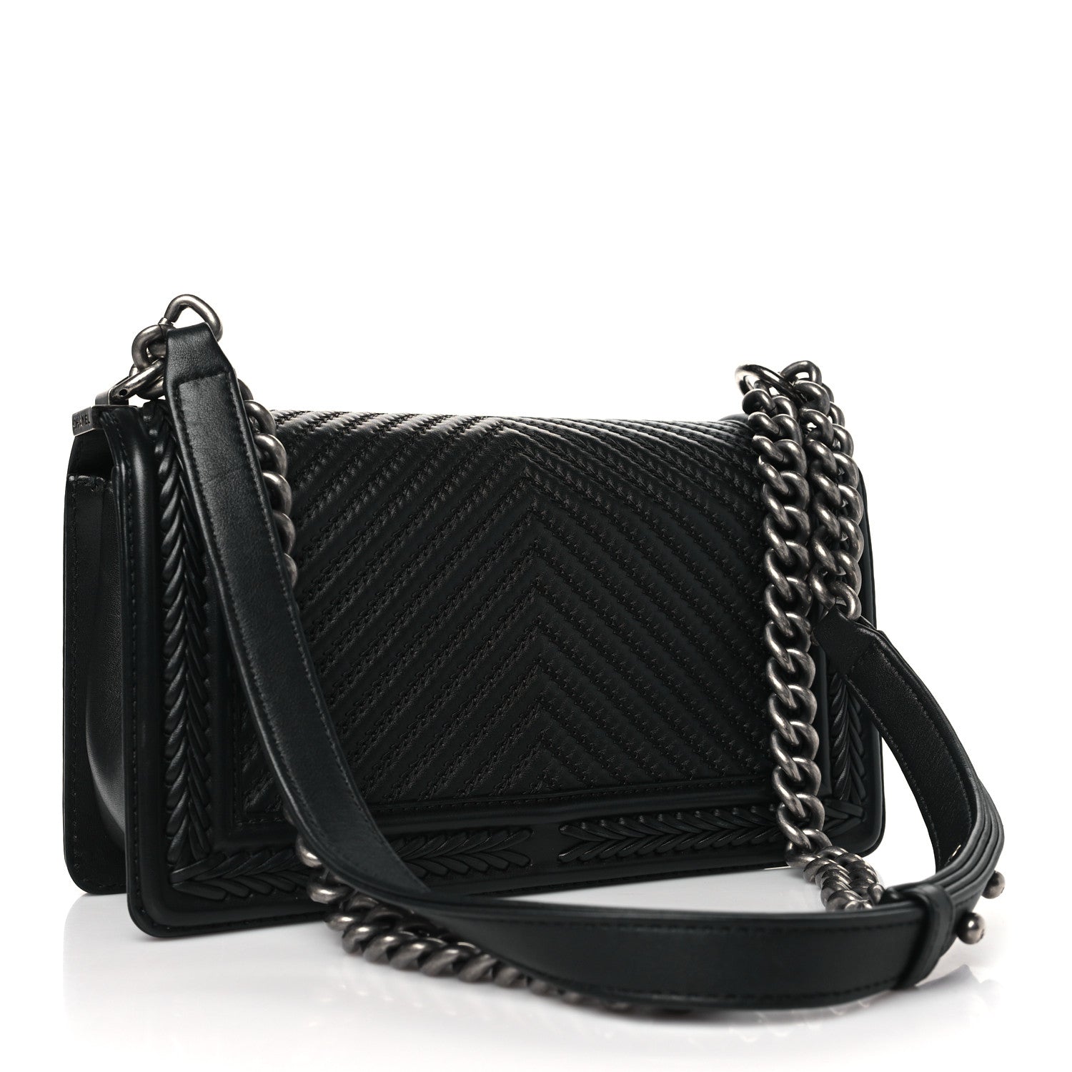 Chanel Calfskin Chevron Quilted Medium Braided Boy Flap Black 3 of 10