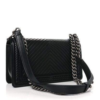 Chanel Calfskin Chevron Quilted Medium Braided Boy Flap Black 3 of 10