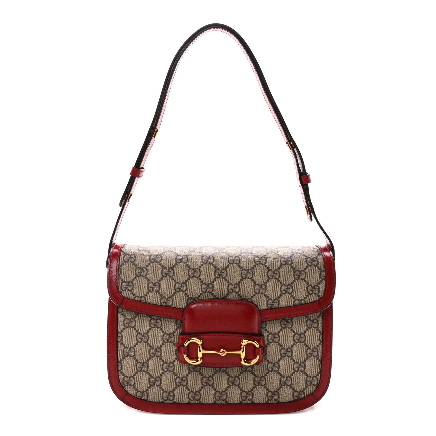 GG Supreme Monogram Azalea Calfskin Horsebit 1955 Shoulder Bag Beige Ebony New Cherry Red