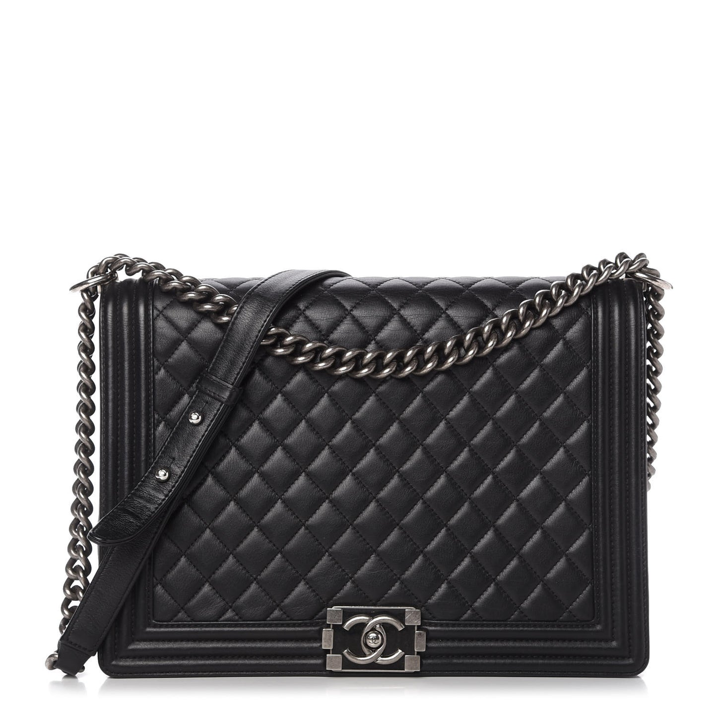 Calfskin Quilted Large Boy Flap Black
