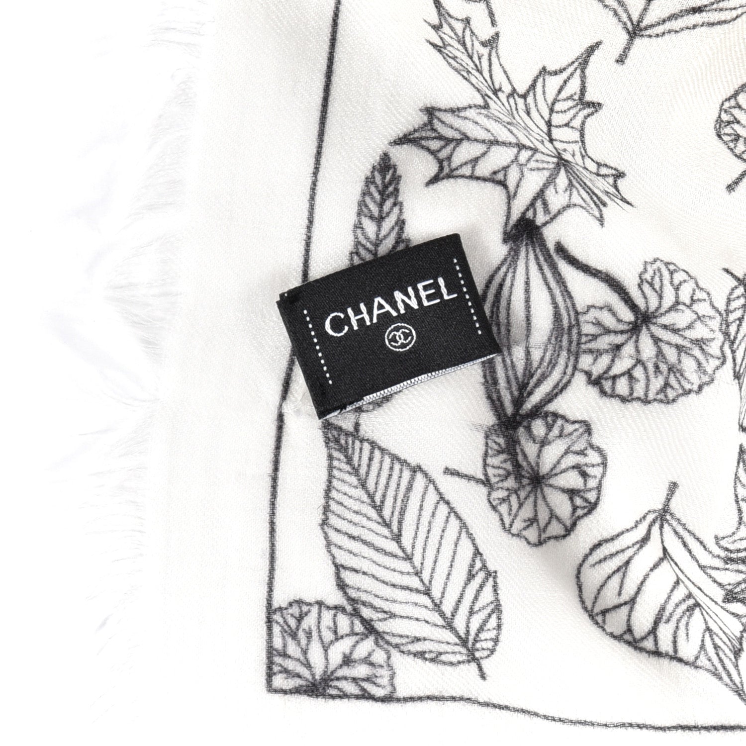 Chanel Cashmere CC Logo Leaves Scarf White Black 6 of 10