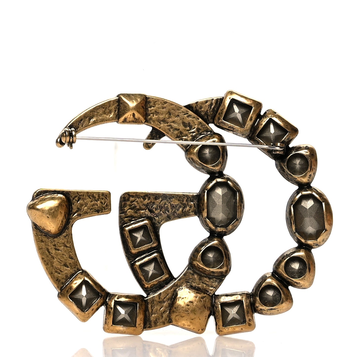 Metal Crystal Double G Brooch Aged Gold Multicolor