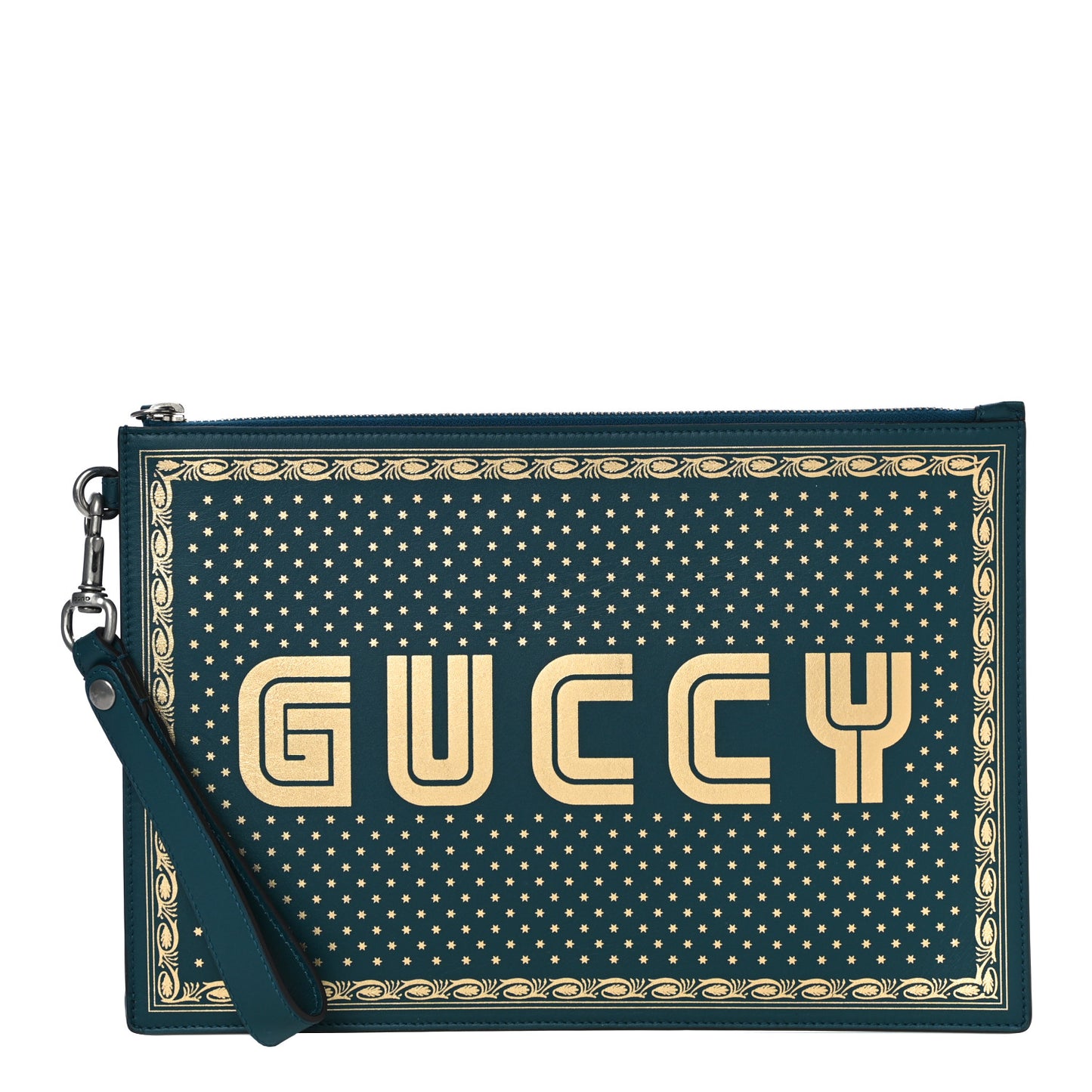 X SEGA Calfskin GUCCY Stars Zip Wristlet Pouch Dusty Turquoise Gold