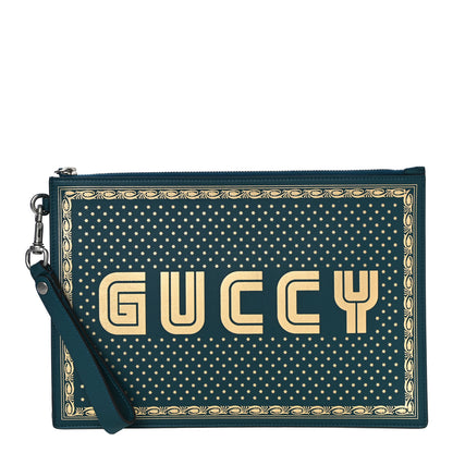 Gucci X SEGA Calfskin GUCCY Stars Zip Wristlet Pouch Dusty Turquoise Gold 1 of 12