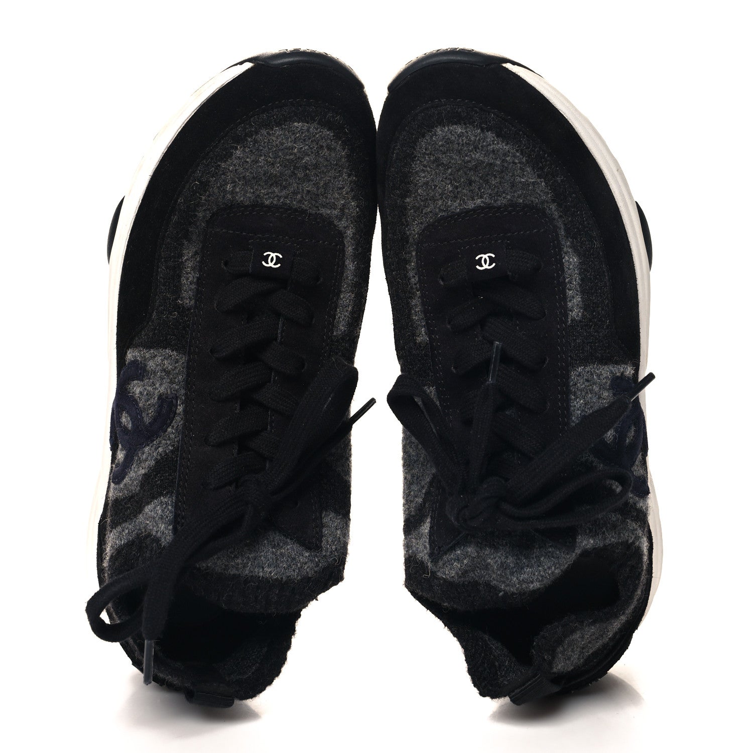 Chanel Knit Fabric Suede Calfskin Womens CC Sneakers 40.5 Grey Black 2 of 7