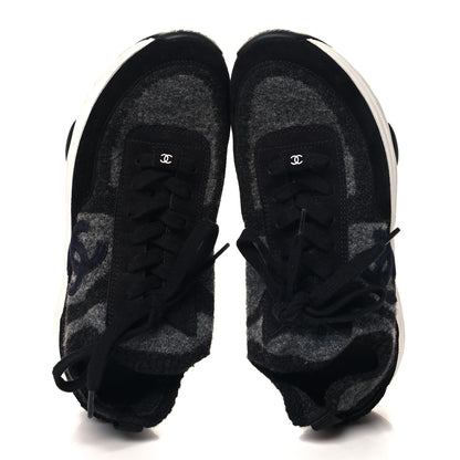 Chanel Knit Fabric Suede Calfskin Womens CC Sneakers 40.5 Grey Black 2 of 7